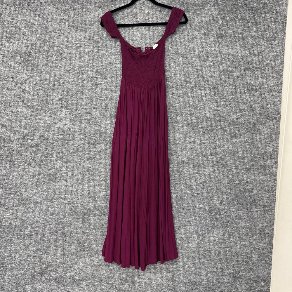 Ava Sky Fighting Eel Dress Womens XS Purple Plum Smocked Bodice Maxi Pleated